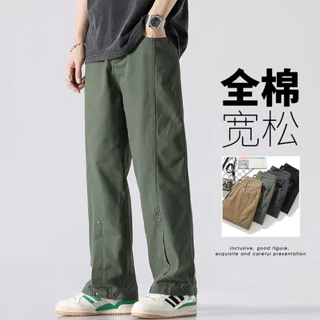 夏季薄款男士纯棉军绿色垂感拖地阔腿休闲长裤子男款直筒宽松男裤商品大图