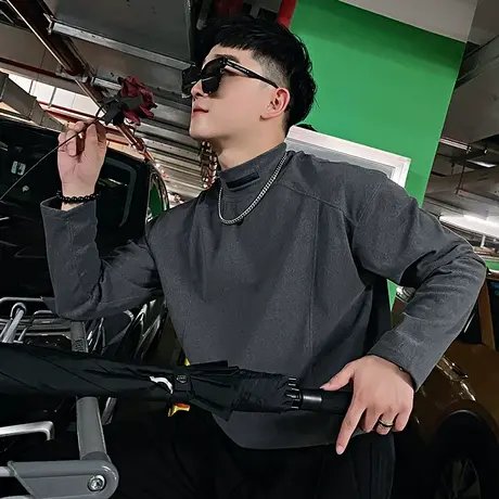 秋冬季新款德绒内搭半高领打底衫男ins潮流高级感纯色长袖t恤上衣商品大图