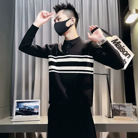 秋冬新款撞色休闲POLO领针织毛衣男ins潮流韩版修身条纹打底线衣商品大图