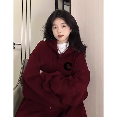 卫衣女2023新款秋冬季设计感小众慵懒风连帽大码加绒加厚开衫外套图片