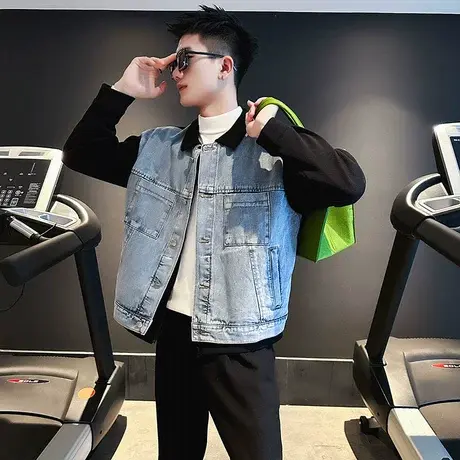 假两件牛仔拼接夹克男春秋季机车潮牌ins痞帅学生工装外套牛仔衣商品大图