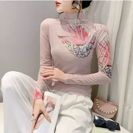 欧货女装半高领加绒T恤女网纱印花洋气套头上衣女修身长袖打底衫商品大图