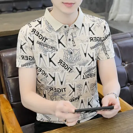 男士短袖t恤2022新款夏季潮牌修身上衣服翻领polo衫有领冰丝夏装商品大图