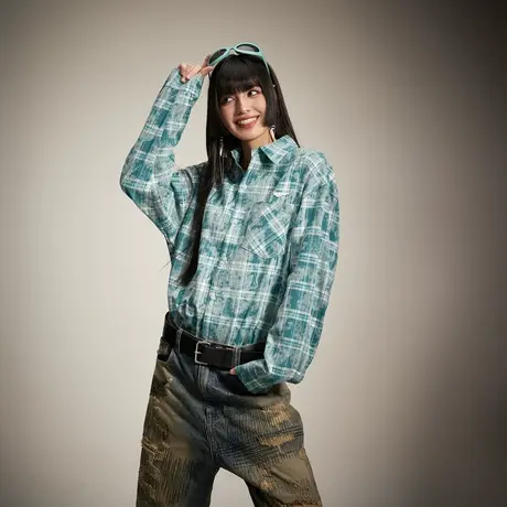 街头潮牌扎染格子衬衫女2024新款春季美式复古宽松情侣装衬衣外套图片