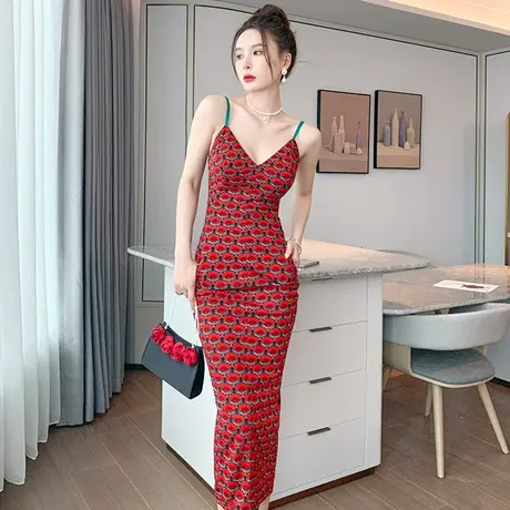 气质优雅宴会晚礼服女平时可穿吊带印花日常法式名媛连衣裙长款夏商品大图