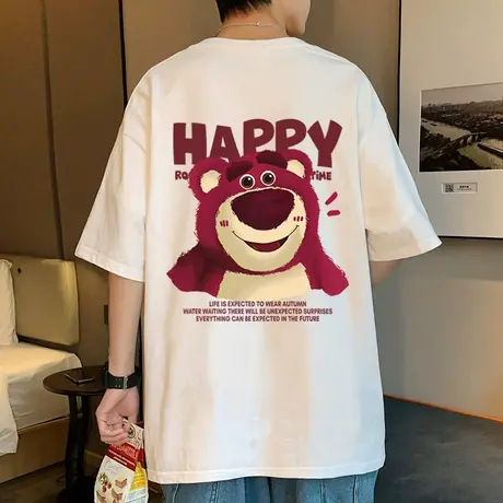 美式复古草莓熊短袖t恤男款潮牌大码夏季新款潮流百搭美式体恤衫商品大图