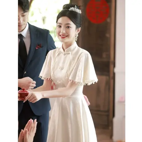 白色旗袍订婚礼服连衣裙女中式登记领证小白裙平时可穿气质小个子商品大图