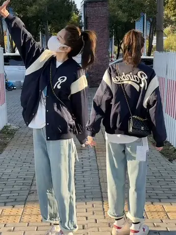 美式加棉复古拼色棒球服外套女秋冬2023新款慵懒宽松休闲夹克上衣商品大图