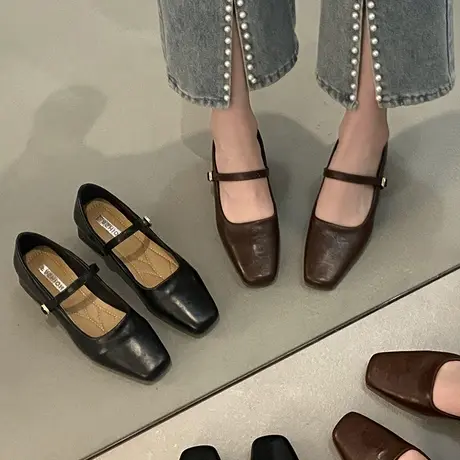 法式晚风气质通勤单鞋女2024新款春季韩版仙女粗跟玛丽珍小皮鞋子商品大图