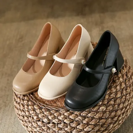 高跟鞋女粗跟浅口单鞋女鞋2024春新款配裙子小皮鞋女款玛丽珍鞋子图片