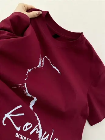酒红色复古潮牌短袖T恤女夏季新款宽松字母印花设计感圆领ins上衣商品大图