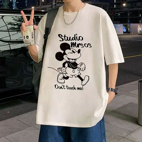 纯棉短袖T恤男2024新款卡通半袖夏季国潮港风chic情侣宽松体恤衫图片