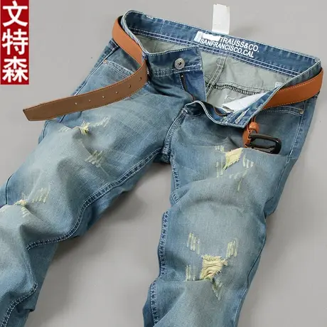 春秋款浅色破洞休闲牛仔裤男直筒修身型韩版潮流宽松青年乞丐裤男商品大图