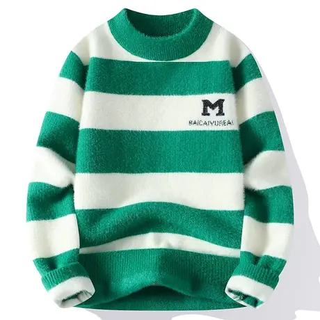 毛衣男2023秋冬季新款半高领潮流时尚条纹套头线衣针织衫百搭上衣商品大图