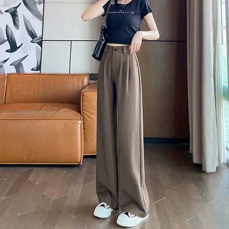 咖色窄版阔腿裤女春秋2024高腰显瘦垂感宽松休闲直筒拖地西装裤子商品大图