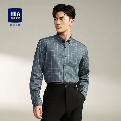 HLA/海澜之家格子长袖衬衫23秋季新款扣领尖领时尚百搭休闲衬衣男图片