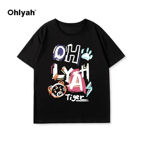Ohlyah字母动漫印花Oversize纯棉宽松短袖男女同款纯棉短袖T恤女商品大图