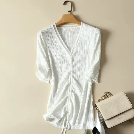 2023秋装新款复古V领性感冰丝针织打底衫抽绳修身内搭短款上衣女商品大图