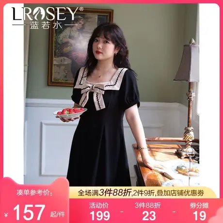 蓝若水大码夏装胖mm蝴蝶结方领赫本小黑裙显瘦梨形身材雪纺连衣裙图片