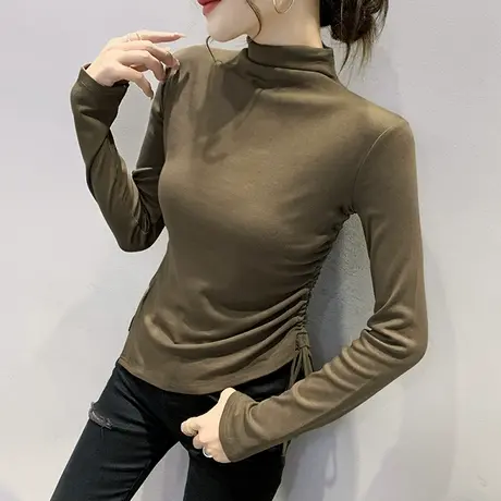 时尚开叉抽绳T恤女长袖欧货加厚半高领打底衫春秋不规则修身上衣图片