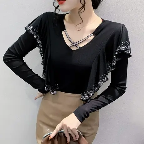 2023秋冬新款网纱荷叶边上衣女长袖修身性感V领T恤气质烫钻打底衫商品大图