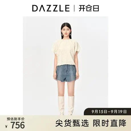 DAZZLE地素奥莱 春季法式别致圆领提花系带泡泡袖衬衫上衣女图片