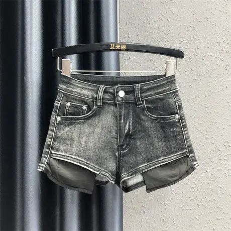 欧货2023夏季新款黑灰色个性露口袋宽松显瘦牛仔短裤女弹力阔腿裤商品大图