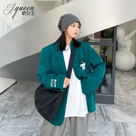 蓝色西装外套女秋季新款宽松复古英伦风上衣贴标廓形宽肩小西服潮图片