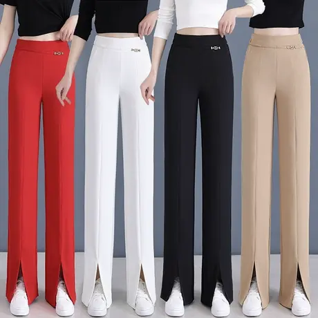 白色窄版阔腿裤女开叉2023春秋新款高腰显瘦宽松直筒垂感拖地裤子商品大图