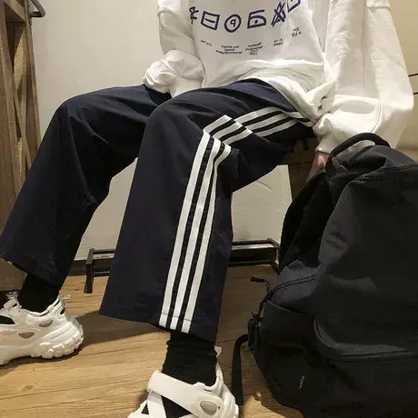 条纹阔腿运动裤女春夏新款韩版ins高腰显瘦直筒宽松垂感休闲长裤商品大图