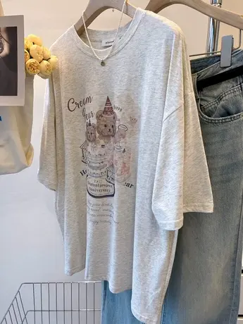 卡通印花宽松大版半袖中长款短袖T恤女2023春夏新款百搭上衣ins潮商品大图