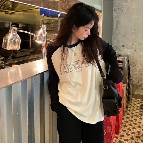 撞色插肩长袖t恤女早秋季2022新款小众设计感别致宽松打底衫上衣图片