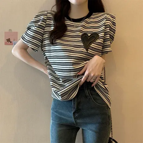 条纹短袖t恤女正肩美式复古夏季2023新款设计感泡泡袖宽松上衣ins商品大图