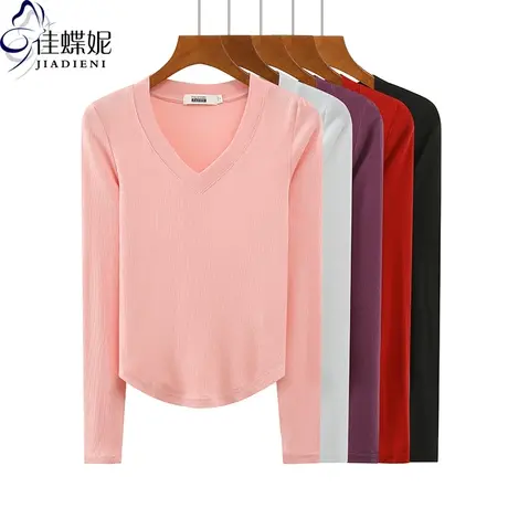春季新款韩版V领下摆圆弧纯色螺纹修身纯棉长袖体恤上衣内搭女装图片