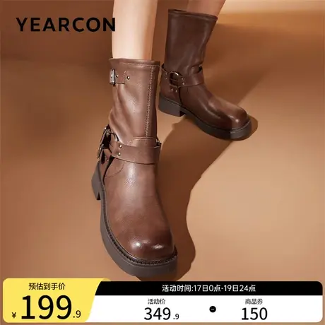 意尔康女鞋2023秋季复古棕色法式小个子中筒靴女士粗跟皮靴配裙子商品大图