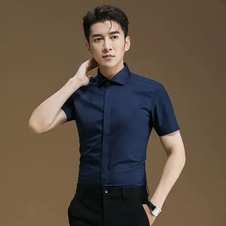 温莎领白衬衫男短袖夏季商务修身正装暗门襟韩版休闲黑色男士衬衣图片
