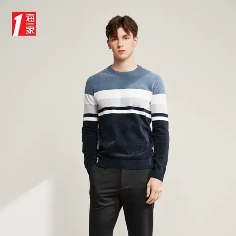 海一家简约条纹上衣2023秋季新款雪尼尔舒适圆领男士长袖针织衫商品大图