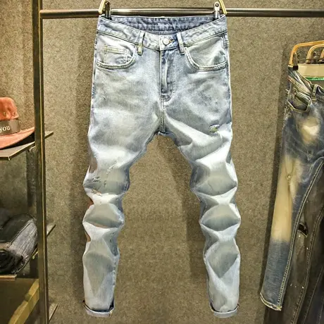 破洞猫须牛仔裤男韩版潮牌修身裤子男士浅蓝色潮流休闲弹力小脚裤商品大图
