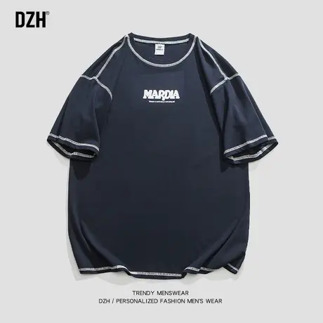 男士藏青色印花t恤男重磅短袖美式上衣2023新款夏季纯棉半袖体恤图片