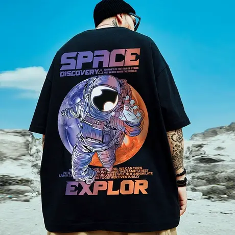 宇航员短袖胖子T恤男士2023夏季新款宽松潮流潮牌ins大码半袖上衣商品大图