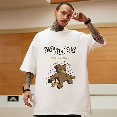 oversize美式潮牌重磅胖子男装加肥加大码宽松小熊短袖T恤半袖夏商品大图