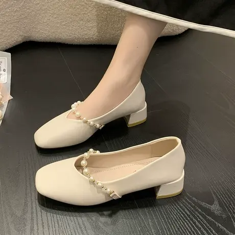 玛丽珍鞋女2023夏季新款浅口方头粗跟单鞋法式气质珍珠软底小皮鞋商品大图
