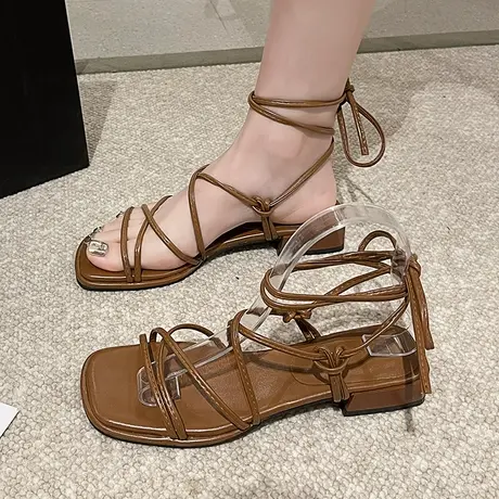 网红法式厚底凉鞋女夏季时尚2023新款仙女绑带中跟罗马凉鞋配裙子商品大图