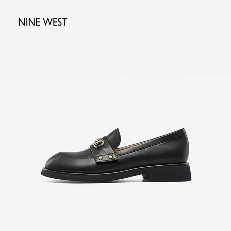 Nine West/玖熙低跟乐福鞋女春季新款魔术贴饰带牛皮革单鞋格雷系图片