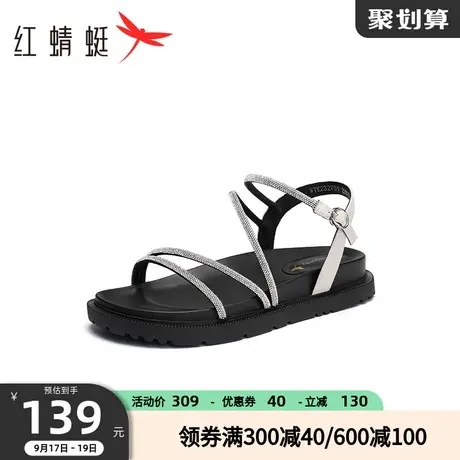 红蜻蜓女凉鞋2023夏季新款时装凉鞋带钻一字带凉鞋女舒适平底凉鞋商品大图