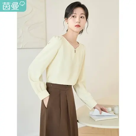 茵曼2023春季女装新款法式气质设计感镂空水滴领灯笼袖衬衫衬衣图片
