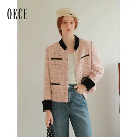 Oece撞色气质短外套女2023秋季新款女装小香风复古外套小个子图片