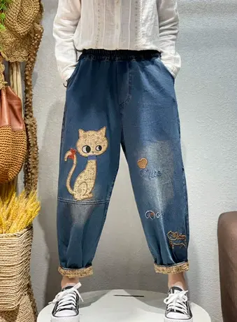 2023春季新款刺绣贴布卡通小猫咪牛仔灯笼裤宽松休闲九分裤显瘦女商品大图