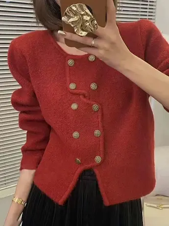 2023秋冬新品小香风针织长袖毛衣交叉扣高级感名媛范针织上衣外套商品大图