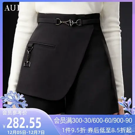 AUI黑色休闲高腰阔腿短裤女2023秋冬新款时尚设计感百搭显瘦裤子商品大图